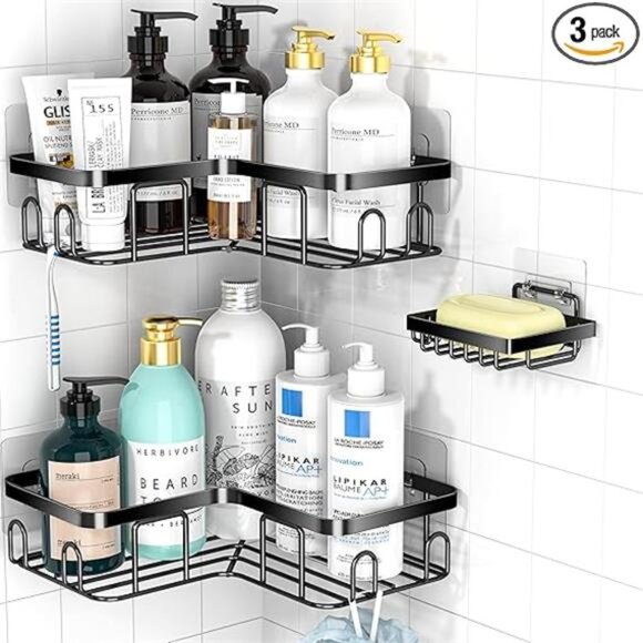 Adhesive Corner Shower Caddy, 3 Pack Organizer Shelf with Soap Holder